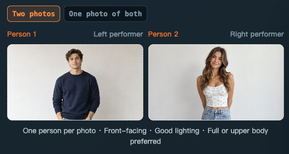 Hotel Lobby example input: separate portraits uploaded into Person 1 and Person 2